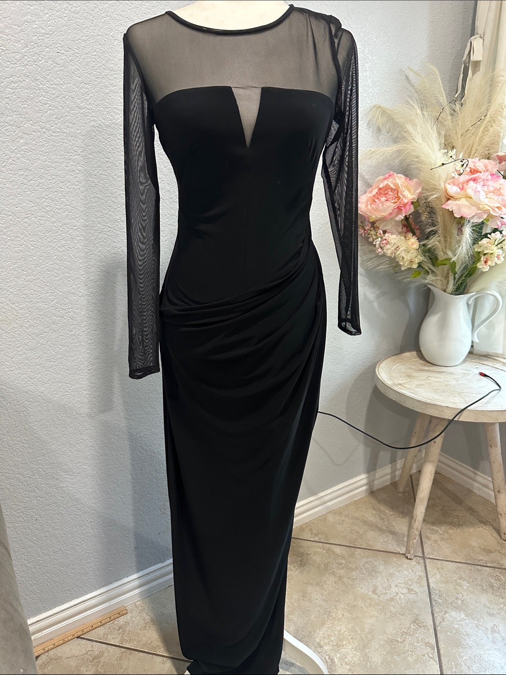 Polo by Ralph Lauren Black Long Sleeve Mesh Evening Gown